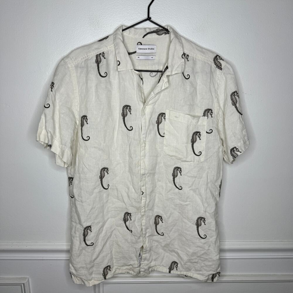 Edmmond Studios Seahorse Linen Short Sleeve Button Down Shirt Mens S